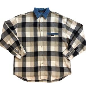 Vintage FRYDAY Plaid Denim Collar Long Sleeve Button Up Shirt Men XL Cotton